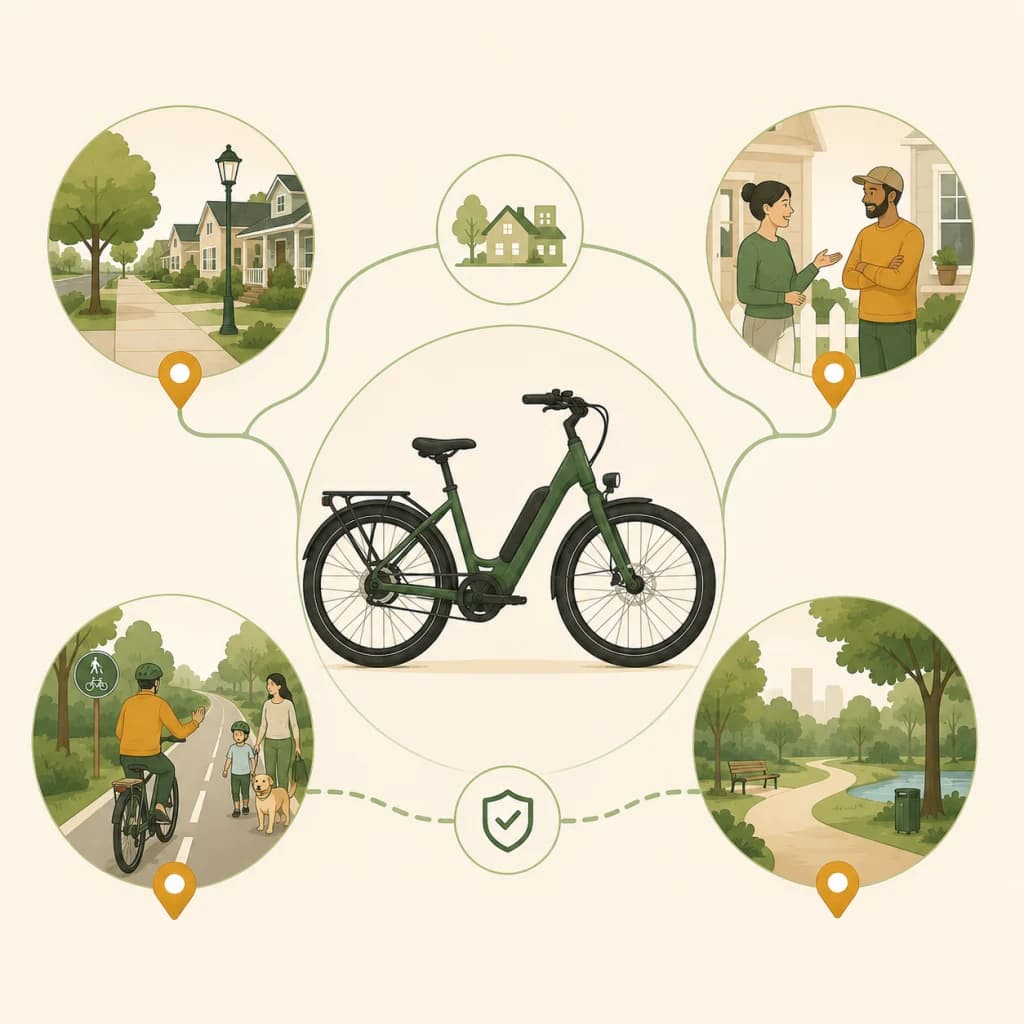 Illustration of neighborhood riding, shared paths, pedestrians, homes, and calm community conversation around e-bike safety.