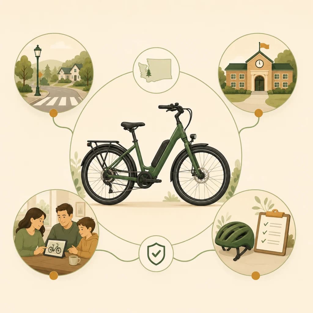 Illustration of a family reviewing e-bike details, safety checklist, route, and school context before approving a ride.