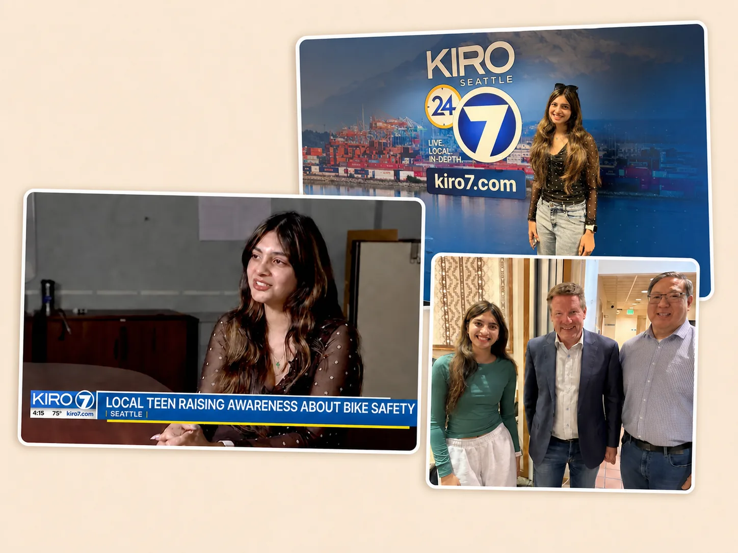 Collage showing a Know Your Ride interview, a KIRO 7 studio visit, and a community feature photo.