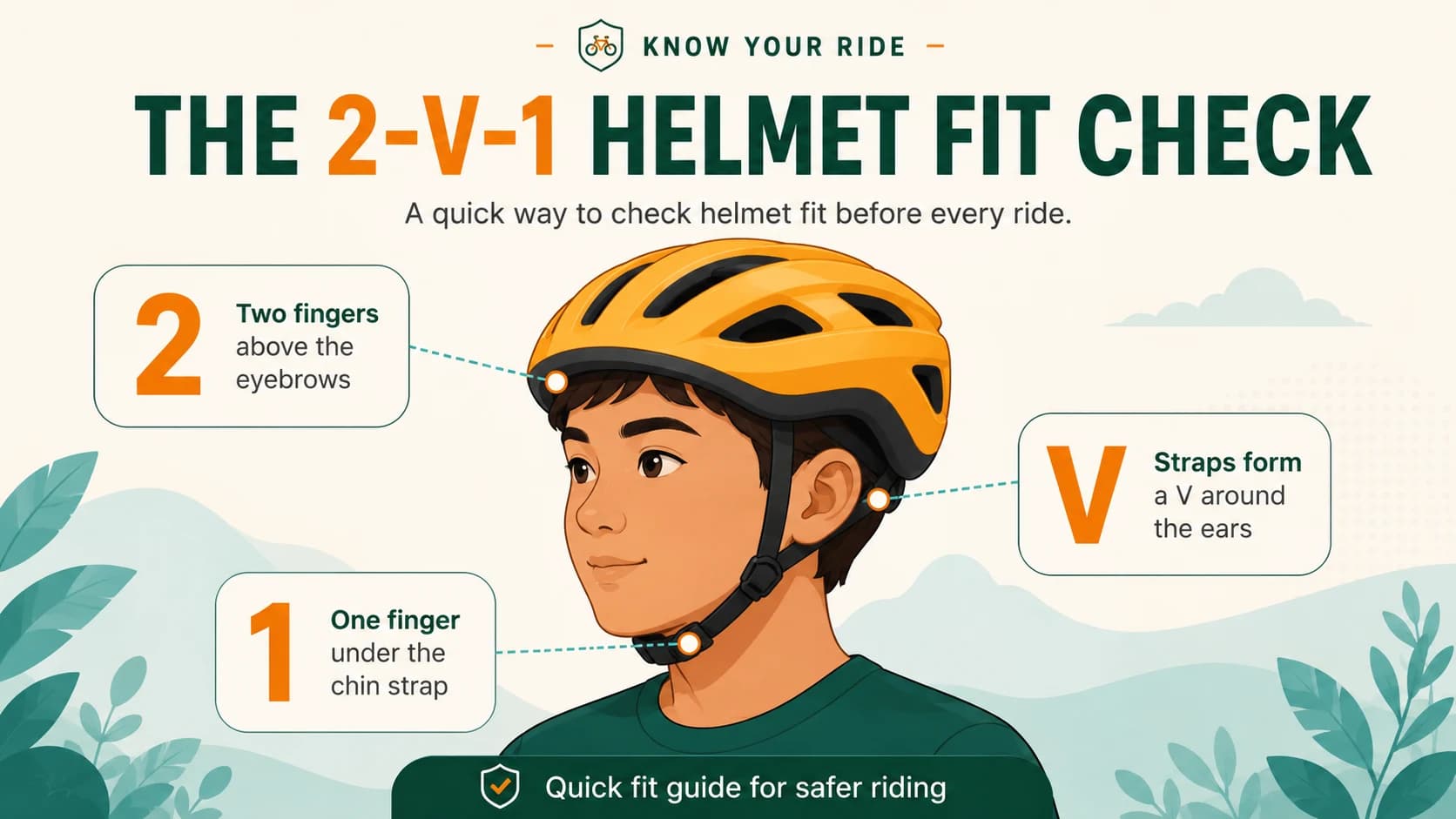 The 2-V-1 helmet fit check: two fingers above the eyebrows, V-shaped side straps around the ears, and one finger under the chin strap.
