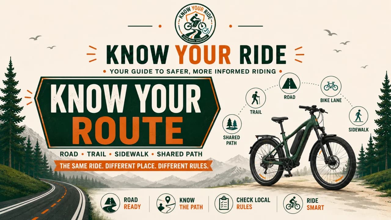 Know Your Ride artwork showing road, trail, sidewalk, and shared-path contexts.