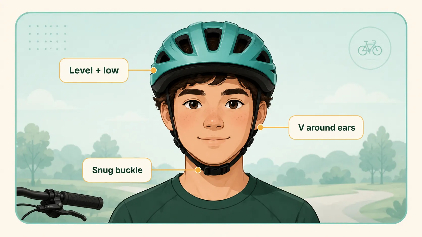 A front view of a helmeted rider with three concealed fit-reference callouts.