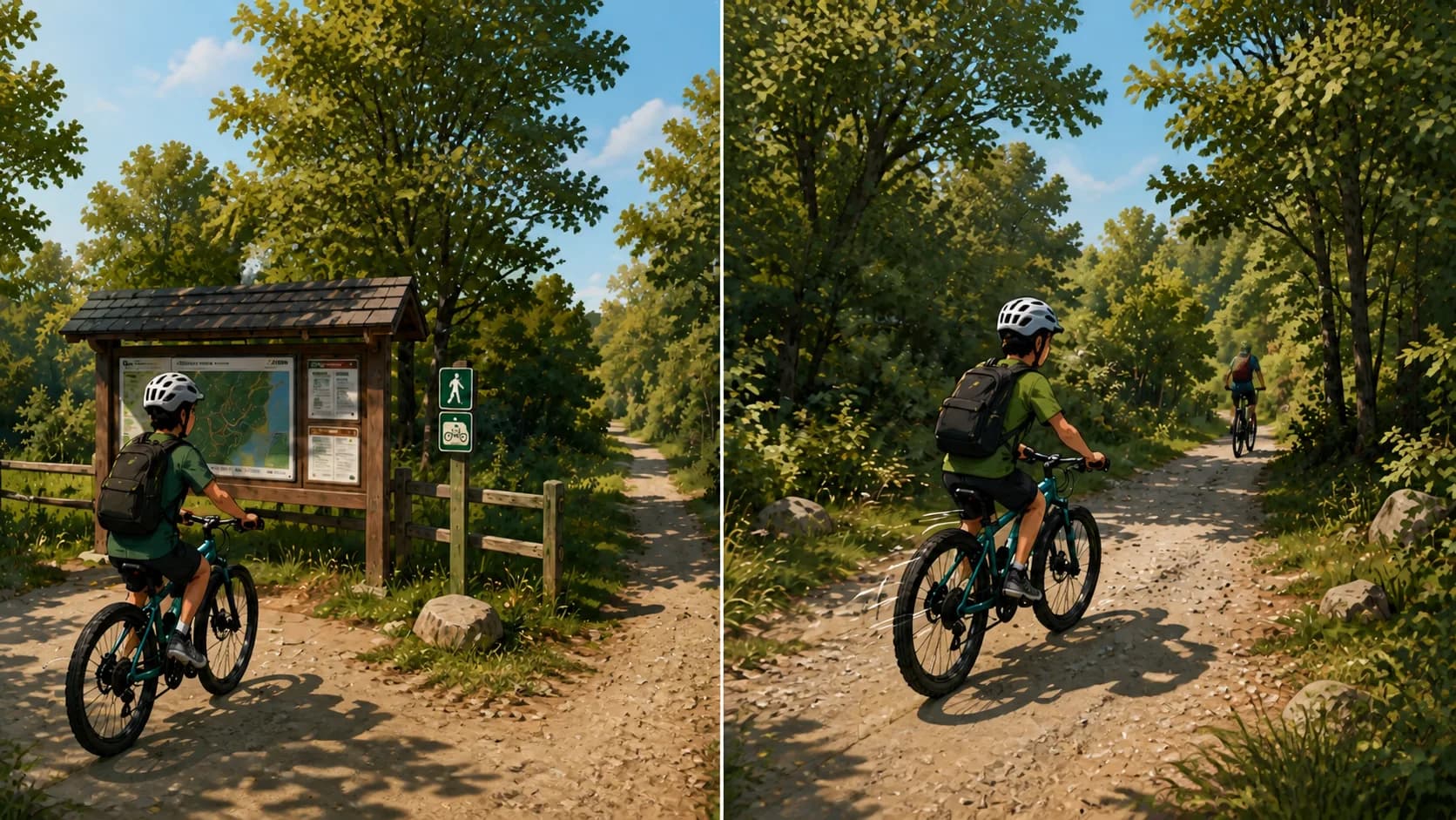 Two-panel illustration of a wooded trail entrance, an information board, and riders on a trail.