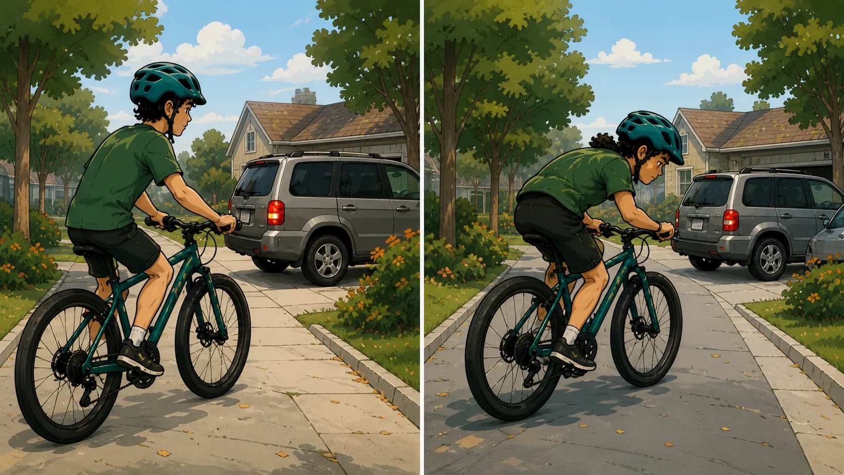 A split illustration comparing two rider actions near a driveway with a blocked sightline.