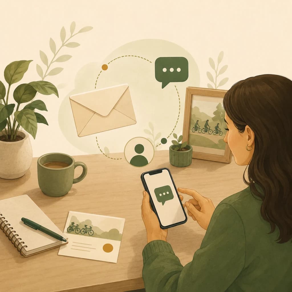Illustration of a warm desk setup with phone, message, email, and community bike communication cues.