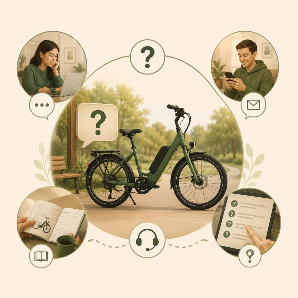 Illustration of an e-bike surrounded by question, message, manual, support, and FAQ cues, representing common questions about bike safety and guidance.