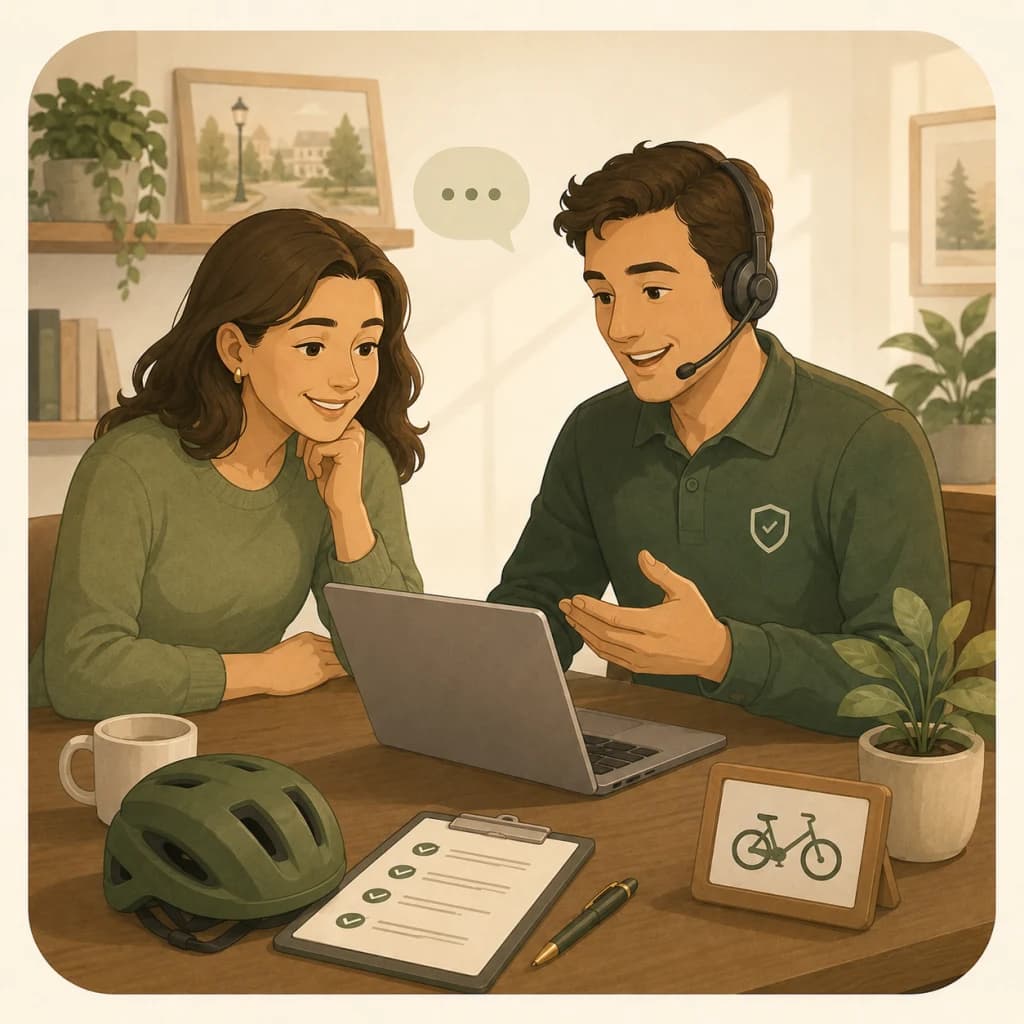 Illustration of a helpful support conversation with a rider or parent using a laptop, checklist, and bike safety materials.