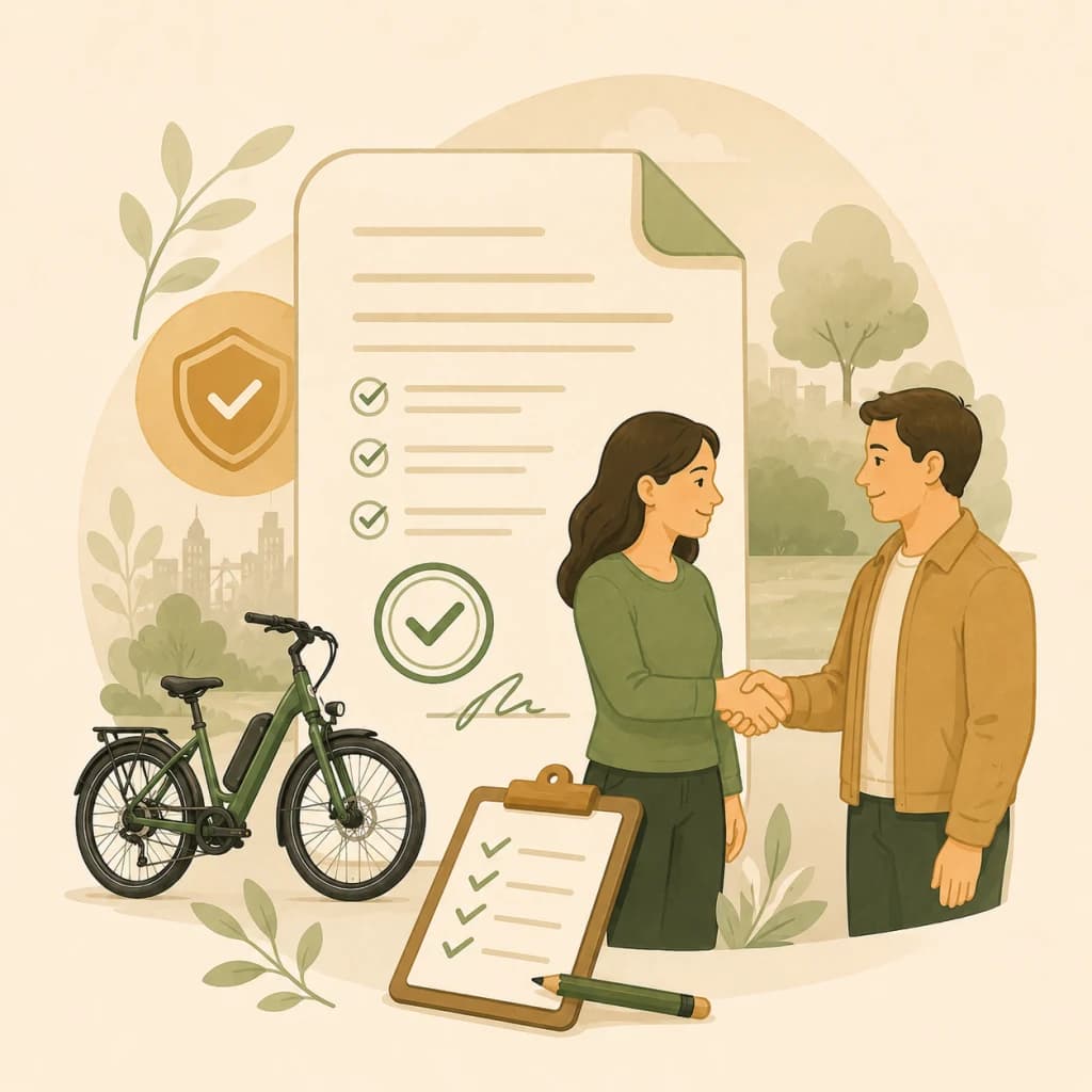 Illustration of an agreement, checklist, handshake, and e-bike safety context representing clear and responsible terms.