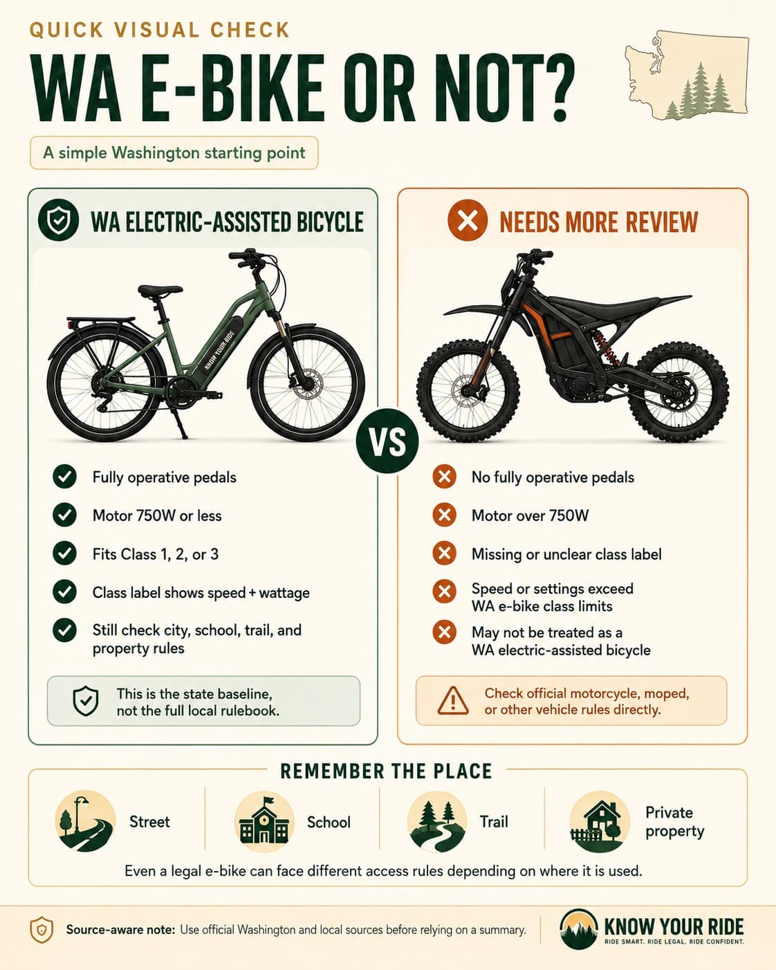Know Your Ride comparison infographic showing a Washington electric-assisted bicycle checklist beside a needs-more-review checklist, with a reminder that street, school, trail, and private-property rules can differ.