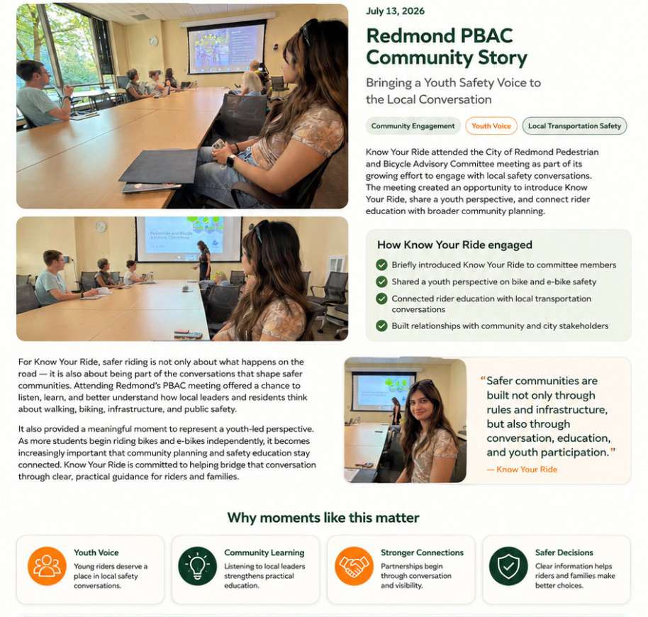 Full visual story about Know Your Ride’s participation in the Redmond Pedestrian and Bicycle Advisory Committee meeting, including meeting photographs, engagement highlights, community impact, and a youth-safety message.