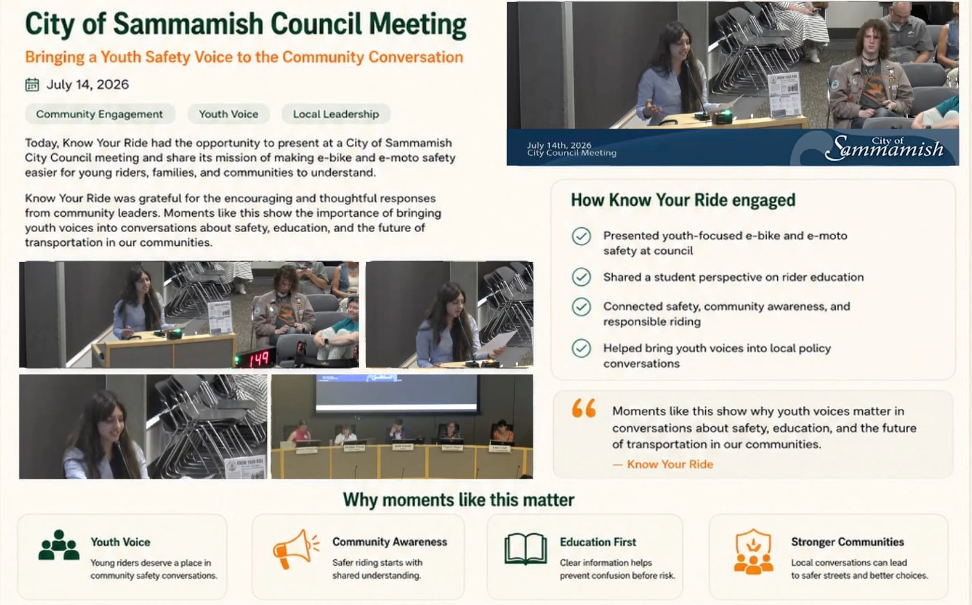 Visual story about Know Your Ride presenting youth-focused e-bike and e-moto safety at a City of Sammamish Council meeting, including council photographs, engagement highlights, community impact, and youth civic participation.