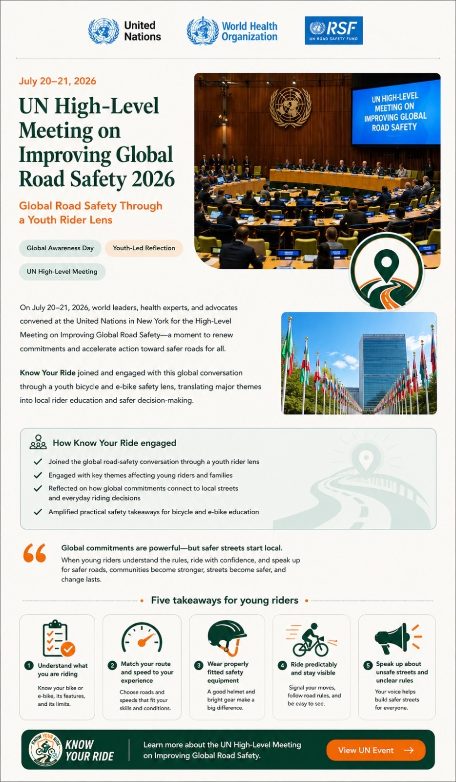 Visual story about the UN High-Level Meeting on Improving Global Road Safety 2026 and youth bicycle and e-bike safety takeaways.