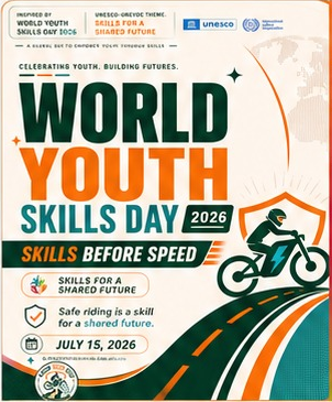 World Youth Skills Day 2026 visual connecting practical youth e-bike safety skills with the theme Skills for a Shared Future.